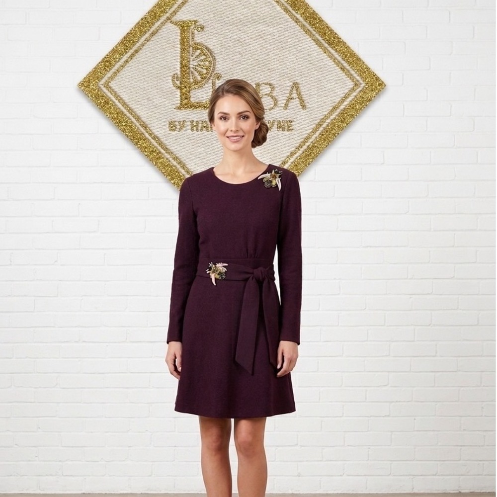 Luba by Hannah Payne 🐝Burgundy‎ Wool Dress 3D Embellished Bee Belted A-Line
